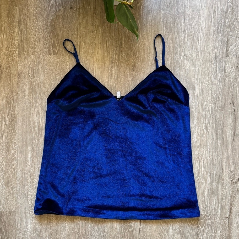L'Acadamie The V Neck Velvet Navy Cami Tank Top - Picture 2 of 7